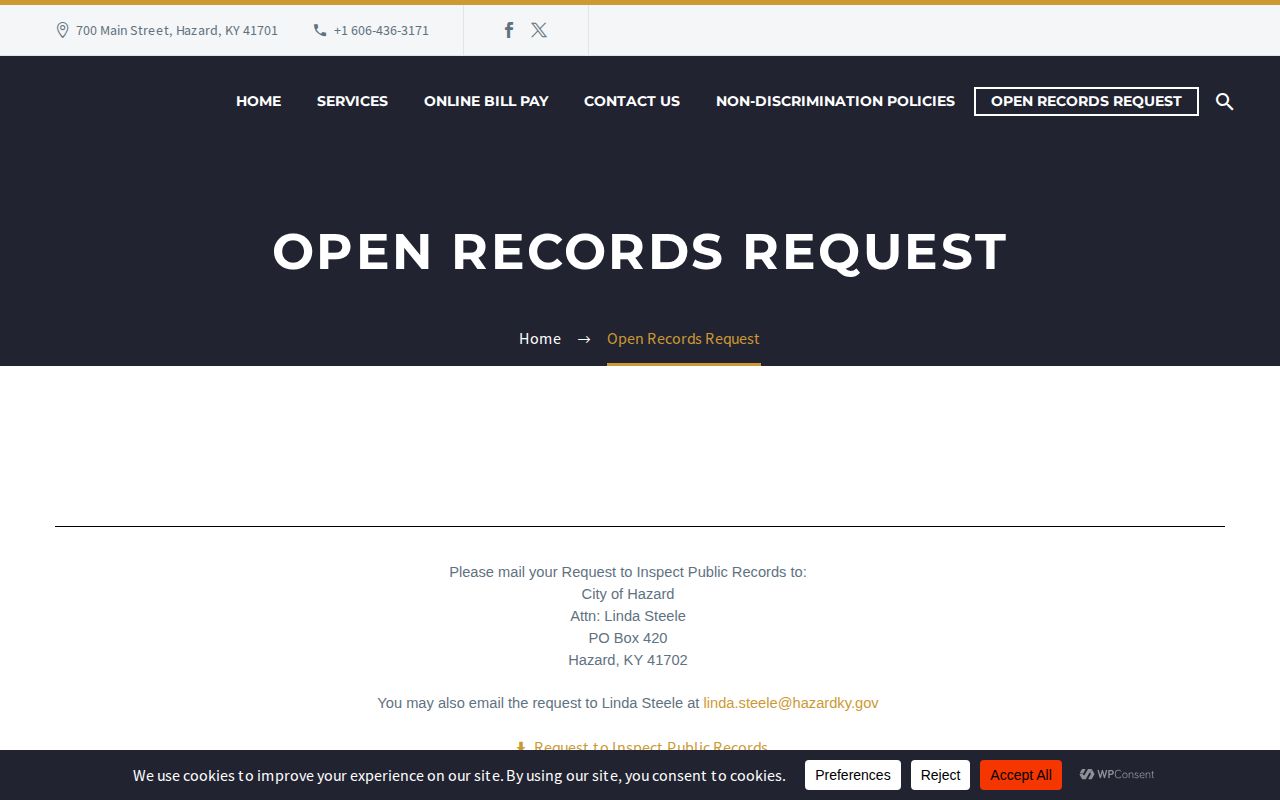 City of Hazard open records request page for arrest records