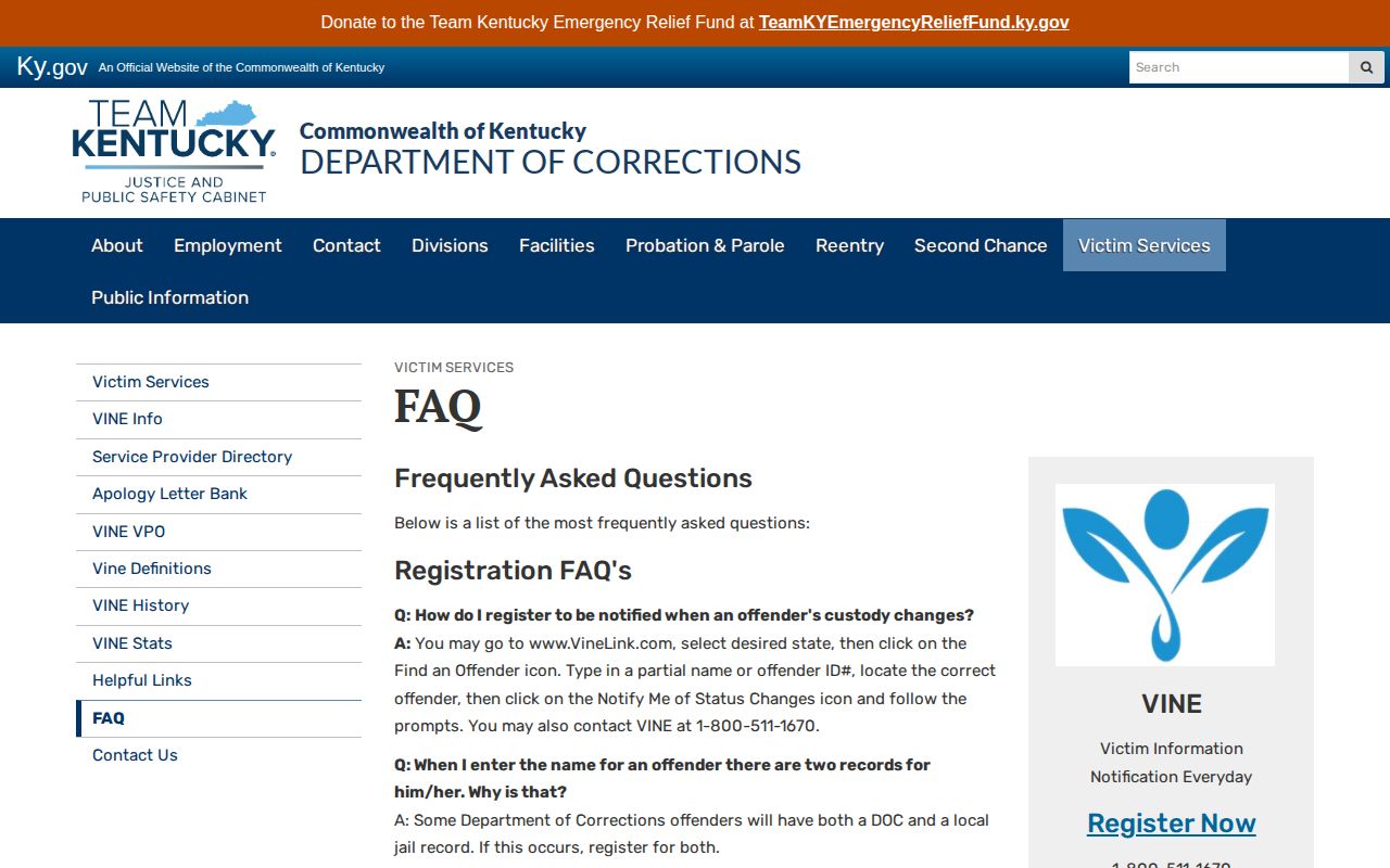 Kentucky VINE custody status notification information for Perry County
