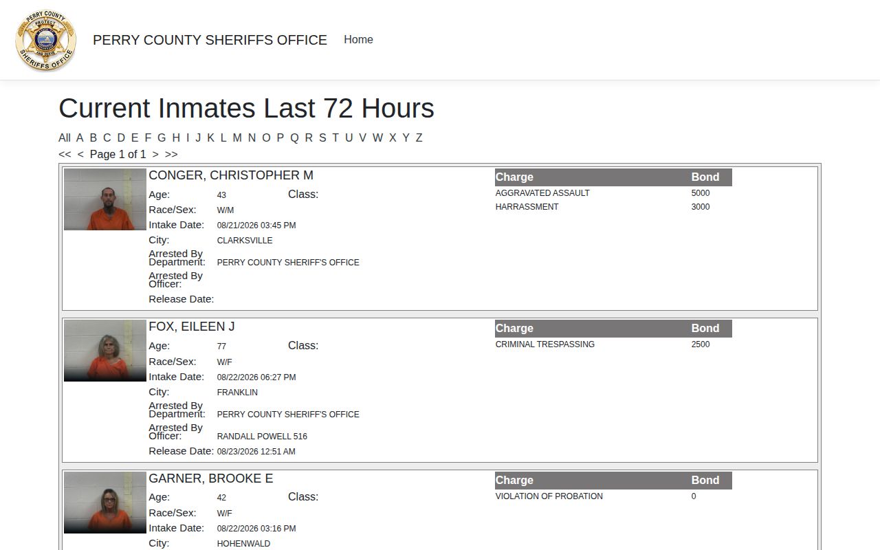 Perry County last 72 hours booking feed interface