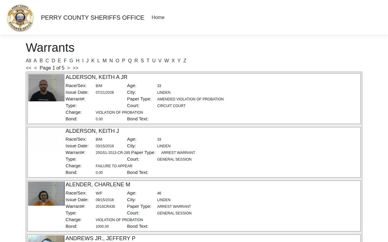 Perry County official warrant index and wanted record search
